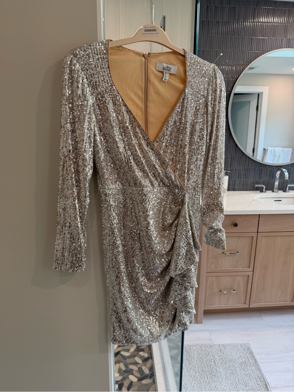 Badgley Mischka Silver Sequin Wrap Mini Dress